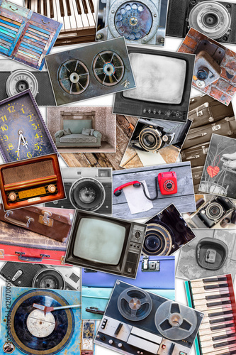 a collage of photos of old objects