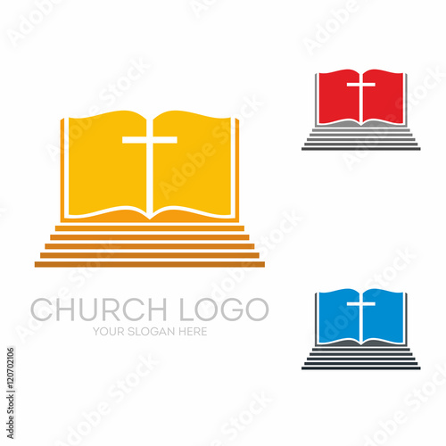 Church logo. Christian symbols. Holy bible and Jesus cross.
