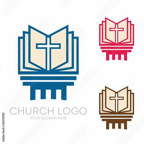 Church logo. Christian symbols. Holy bible and Jesus cross.