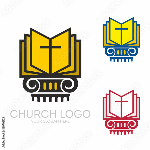 Church logo. Christian symbols. Holy bible and Jesus cross.