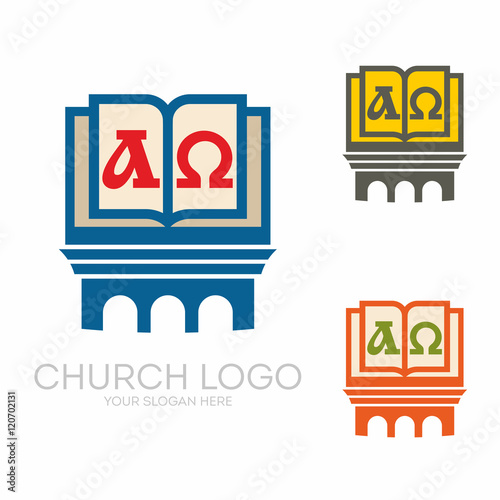 Church logo. Christian symbols. Holy bible and Jesus cross.