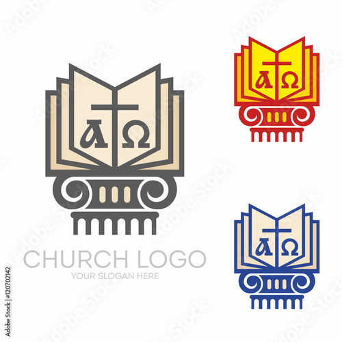 Church logo. Christian symbols. Holy bible and Jesus cross.