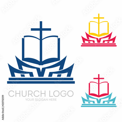 Church logo. Christian symbols. Holy bible and Jesus cross.