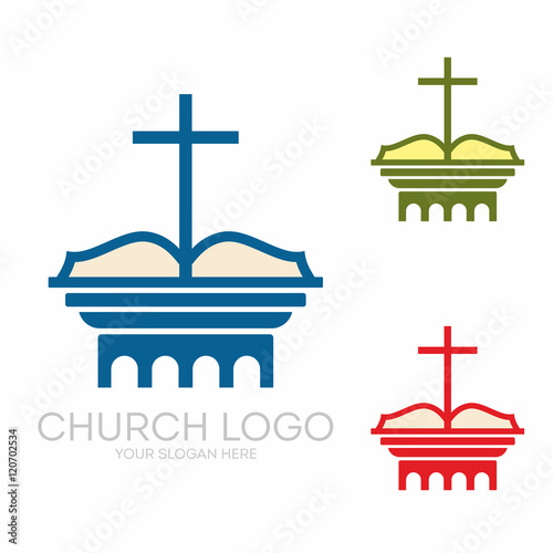 Church logo. Christian symbols. Holy bible and Jesus cross.