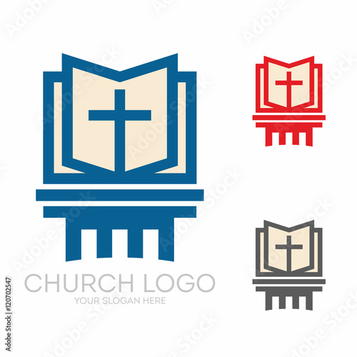 Church logo. Christian symbols. Holy bible and Jesus cross.