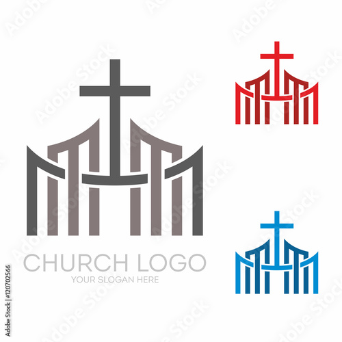 Church logo. Christian symbols. Stylish cross of Jesus Christ among graphic vector elements.