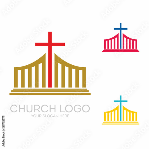Church logo. Christian symbols. Stylish cross of Jesus Christ among graphic vector elements.