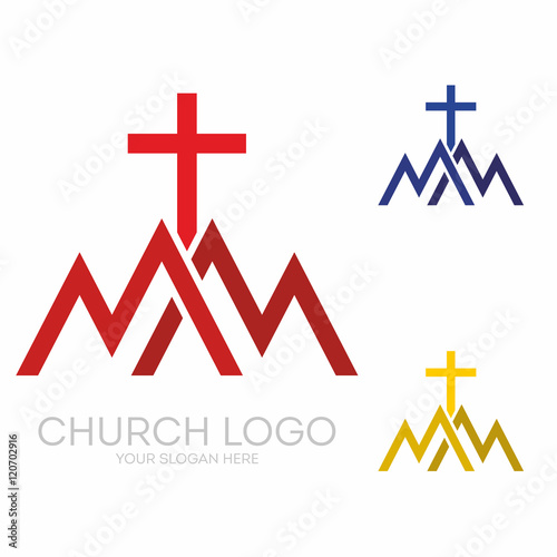 Church logo. Christian symbols. Triangles, mountains, the cross of Jesus.