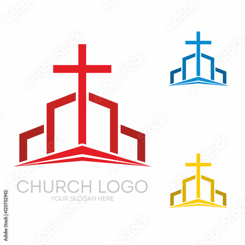Church logo. Christian symbols. Stylish cross of Jesus Christ among graphic vector elements.