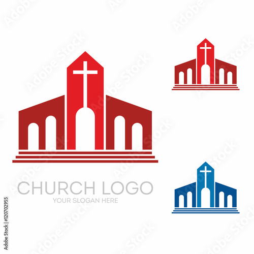 Church logo. Christian symbols. Stylish cross of Jesus Christ among graphic vector elements.