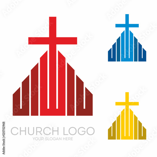 Church logo. Christian symbols. Stylish cross of Jesus Christ among graphic vector elements.