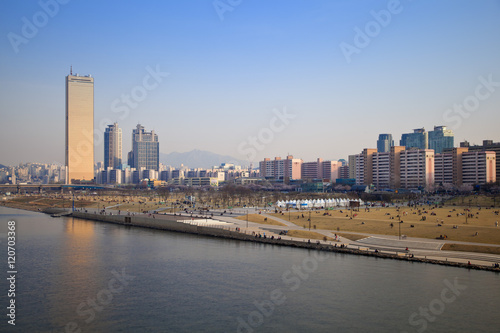 Korea, Seoul, Yeouido, 63 Building - one of Seouls most famous landmarks, on the banks of the Hangang river photo