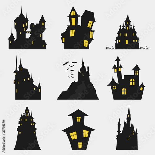 Misterious house in the dark night. Halloween holiday. Flat icon