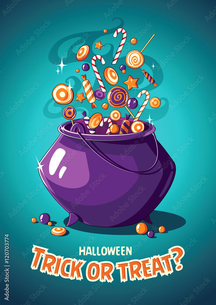 Fototapeta premium Halloween vintage vector poster. Trick or treat. Magic cauldron and sweets