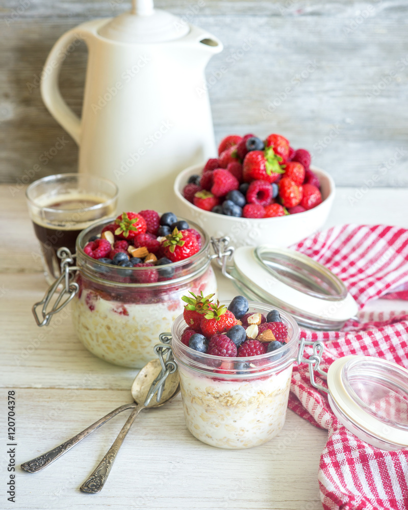 Overnight oats (Bircher muesli) with berries for healthy beautiful breakfast Overnight oats (Bircher muesli) with berries for healthy beautiful breakfast