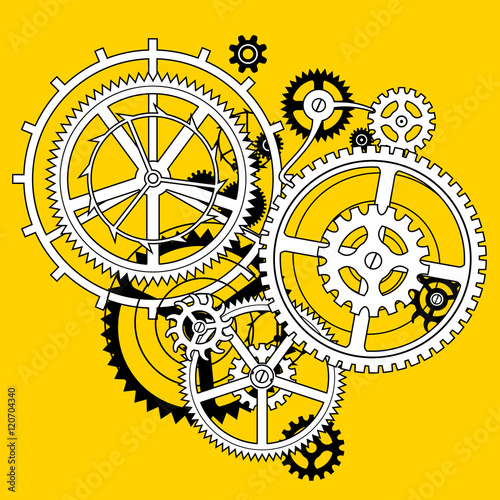 White and black linear gear wheels in flat style on yellow