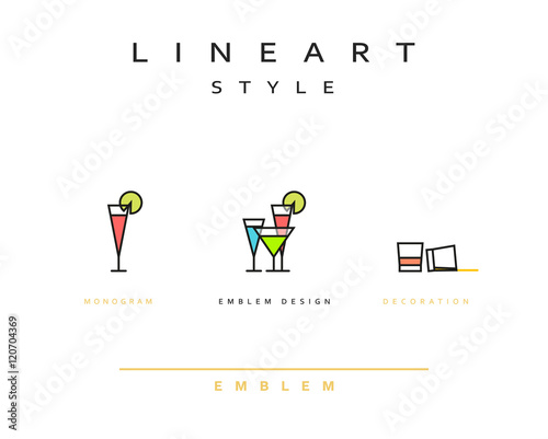 Cocktail wineglass vector icon style line art. Monogram emblem element design style lineart.