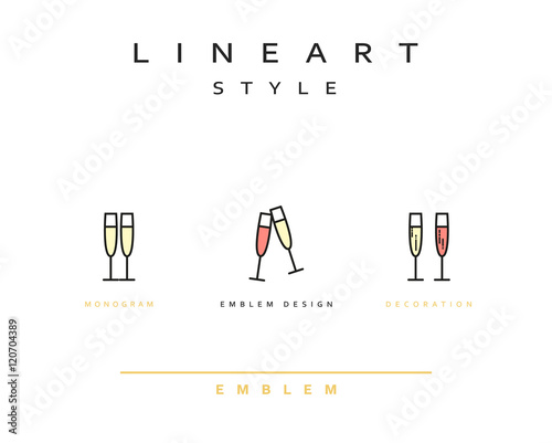 Wine glass icon style line art. Vintage glass icon. Monogram emblem for restaurant design style lineart