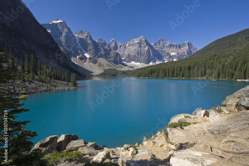 Lake Moraine and Valley of 10 Peaks (Wenkchemna Peaks) at sunrise, Banff National Park, Alberta, Canada photo