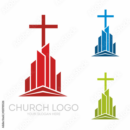 Church logo. Christian symbols. Stylish cross of Jesus Christ among graphic vector elements