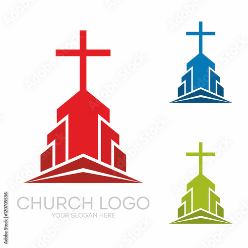 Church logo. Christian symbols. Stylish cross of Jesus Christ among graphic vector elements