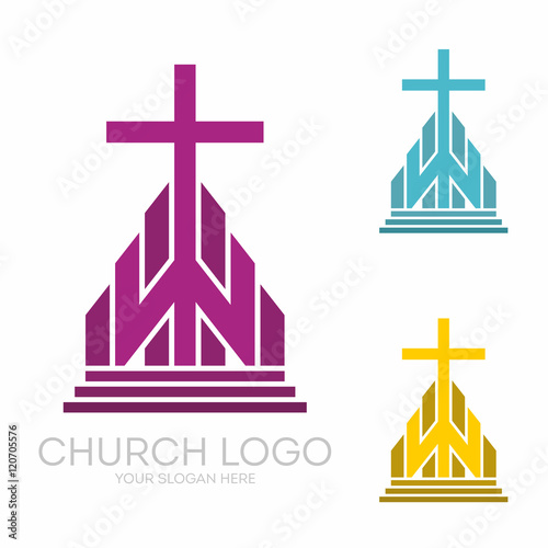 Church logo. Christian symbols. Stylish cross of Jesus Christ among graphic vector elements