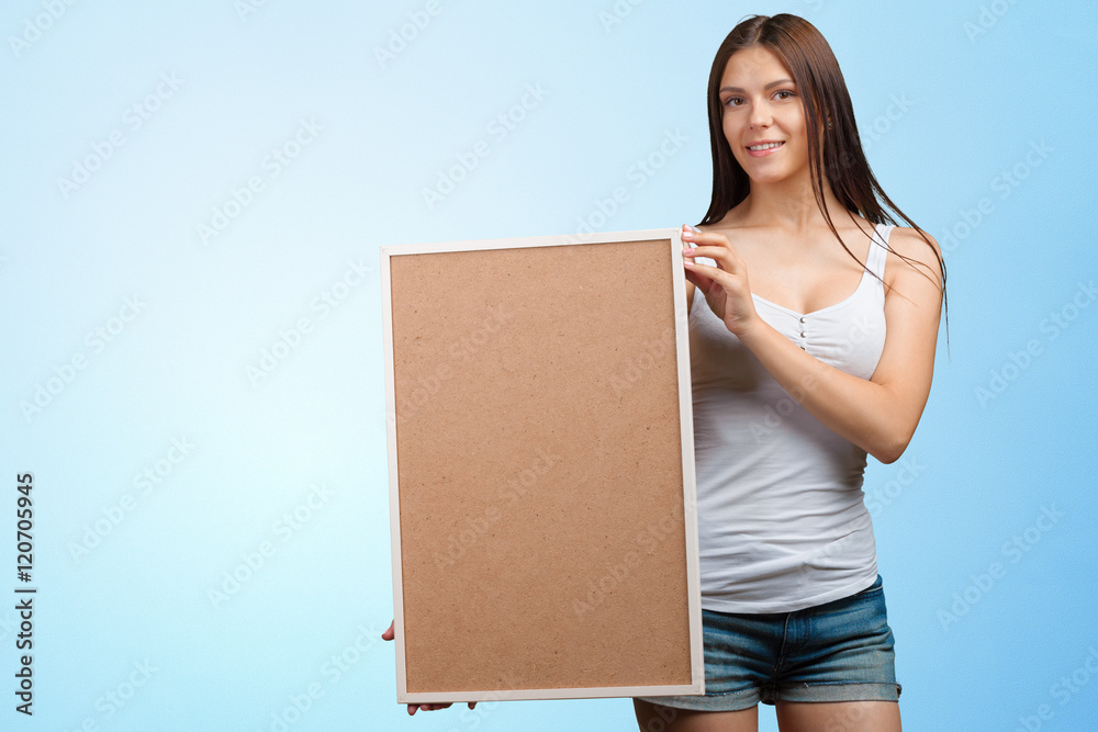 Business woman holding a banner