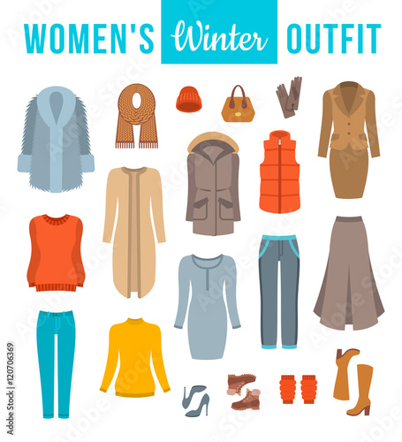 Women winter clothes flat vector icons set. Must have fashion elements of modern urban female outfit  shoes and every day accessories for cold season. Warm clothing wardrobe. Casual style collection