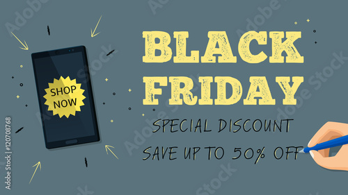 Web banner for Black Friday sale. Vector illustration. Information poster with inscription about discounts. Promo backdrop with yellow text.