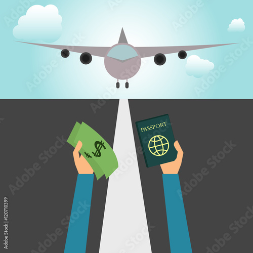 Hands holding money and passport on an airfield with airplane.