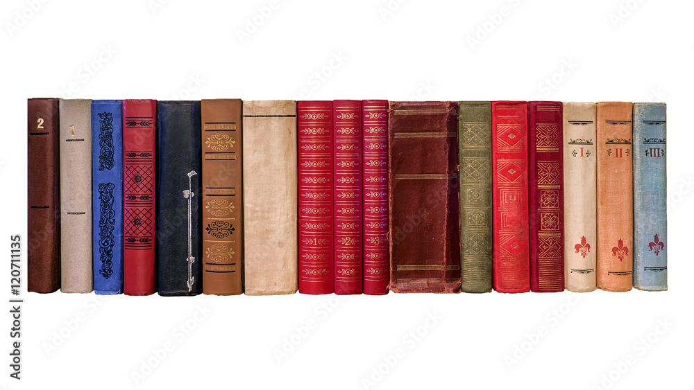 spines of old books on a white background