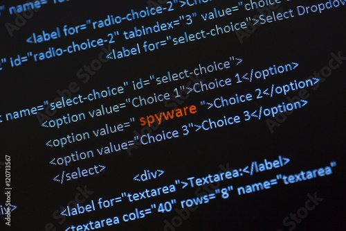 Tableau sur toile Spyware word red in the middle of a code text on a computer screen