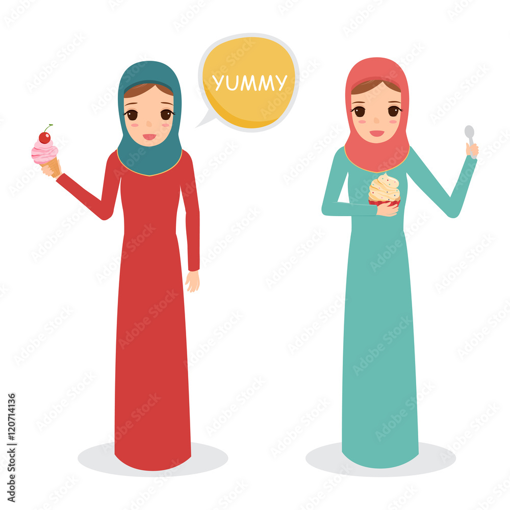 Obraz premium Arab woman tasted with ice cream. Arab girl enjoy food character