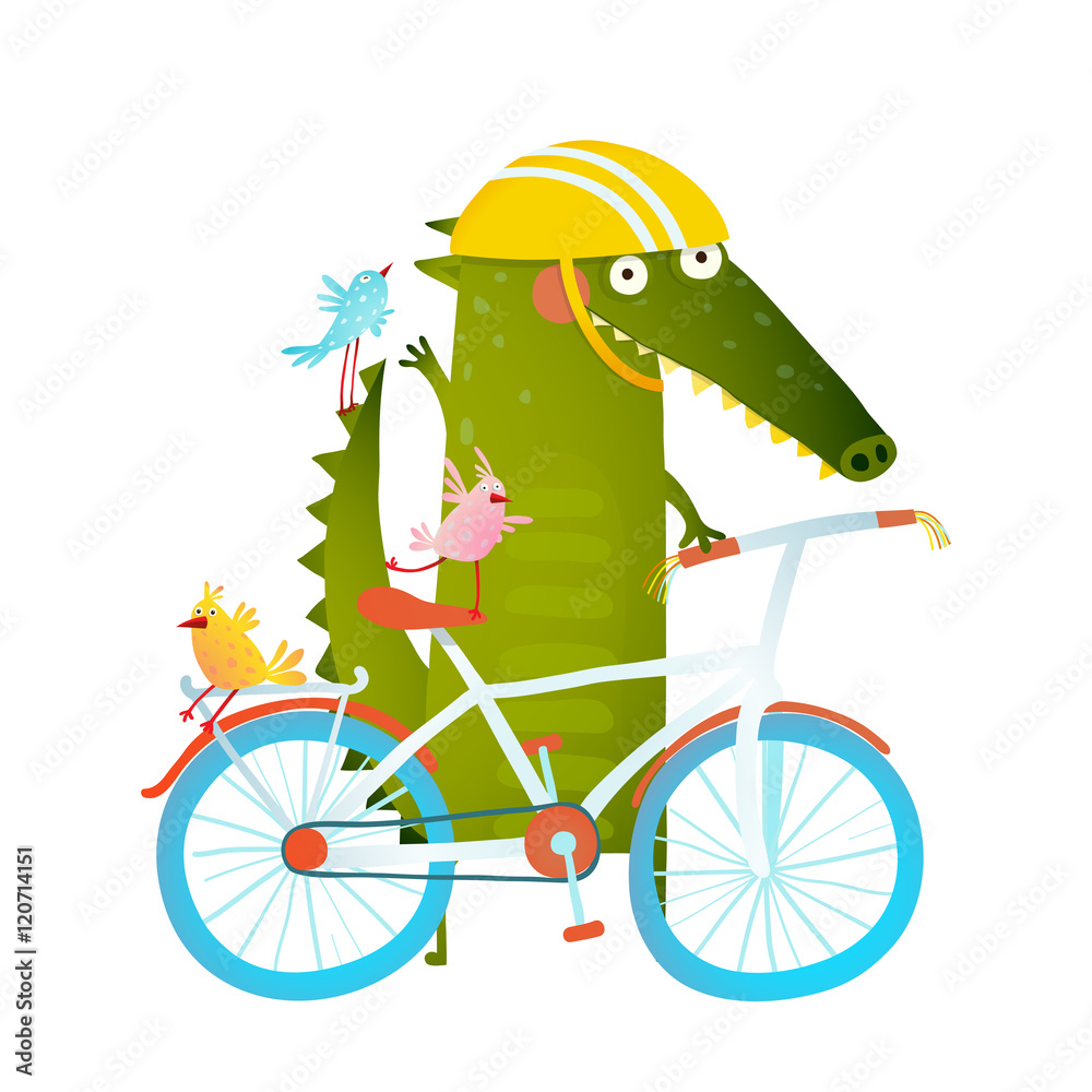 Naklejka premium Cartoon green funny crocodile in helmet with bicycle and birds friends