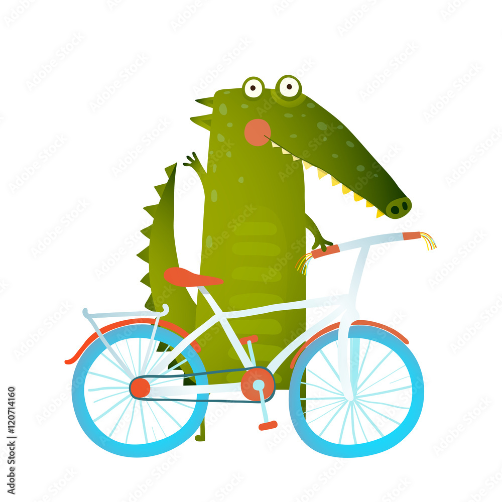 Obraz premium Cartoon green funny crocodile with bicycle