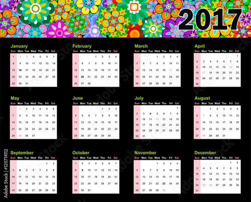 Year 2017 Calendar United Kingdom Great Britain - Top colorful flowers, Sunday first and UK holidays