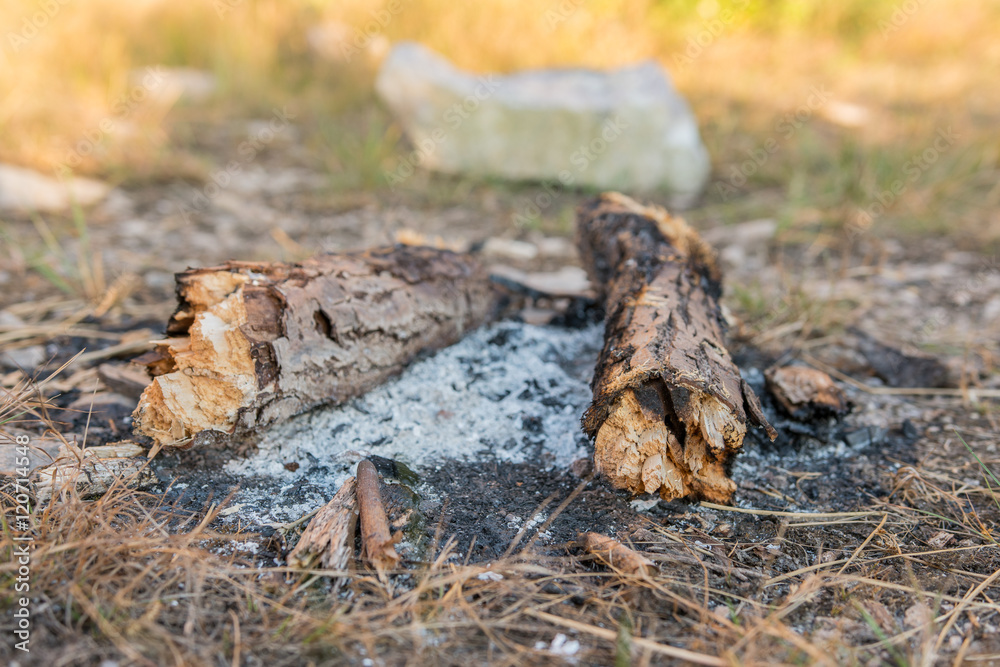 Ash around burned down campfire at sunset. Ash around burned down campfire at sunset.