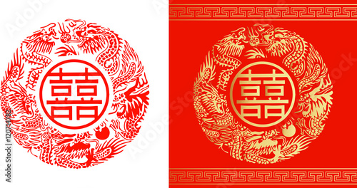 oriental double happiness icon design for wedding celebration, shuang xi red and gold on a white background photo