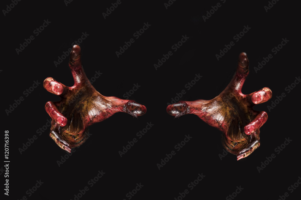 Fototapeta premium Blood zombie hands on back background,zombie theme, halloween th