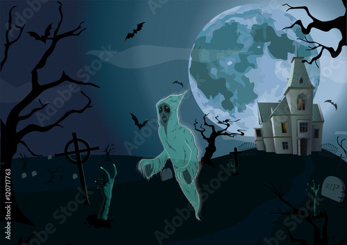 Halloween night: full moon beautiful castle chateau, gate ghost, spook cemetery graves zombie hands trees bat rearmouse. Vector vertical closeup side view signboard illustration to celebration holiday