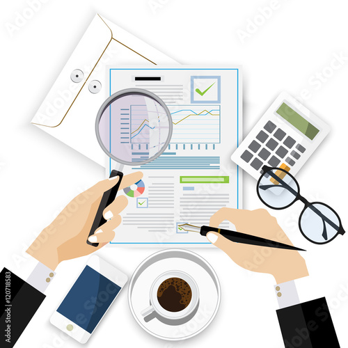 Auditor work desk, accounting paperwork, business research, financial audit, auditing tax process,analysis,  financial research report, project desktop vector, vector illustration
