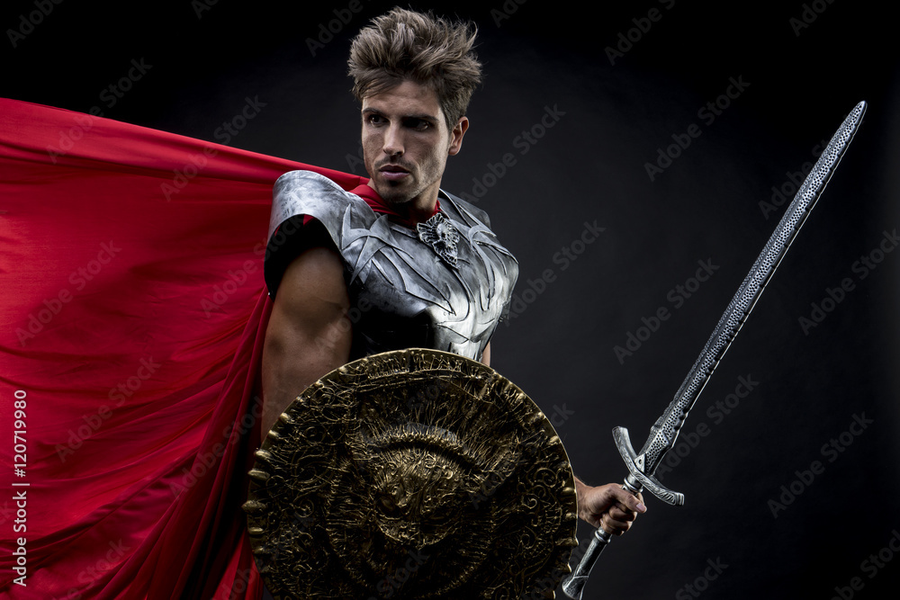 Gladiator, centurion or Roman warrior with iron armor, military - obrazy, fototapety, plakaty 
