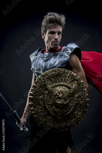 Pride, centurion or Roman warrior with iron armor, military helm