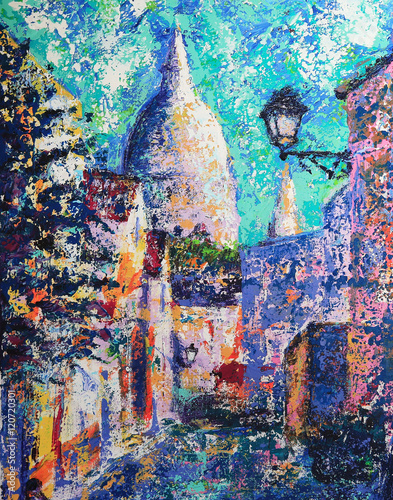 Montmartre street in the Paris  France painted by acrylic
