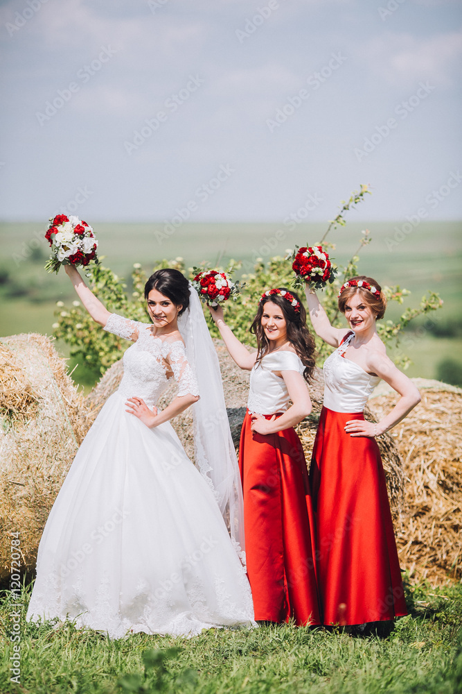 bride with bridesmaids in the field near hay. Bridesmaids in the same dress