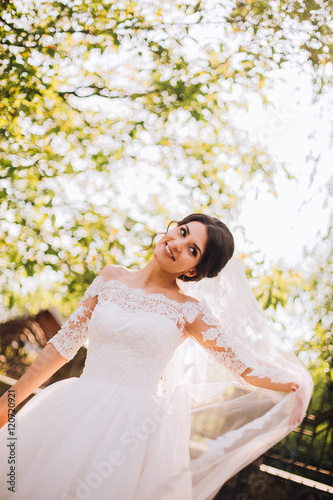 Wallpaper Mural Young bride wearing gorgeous wedding dress, playing with veil.  plays a wedding dress. Dress develops in the wind. Happy bride in a wedding dress is spinning. Torontodigital.ca