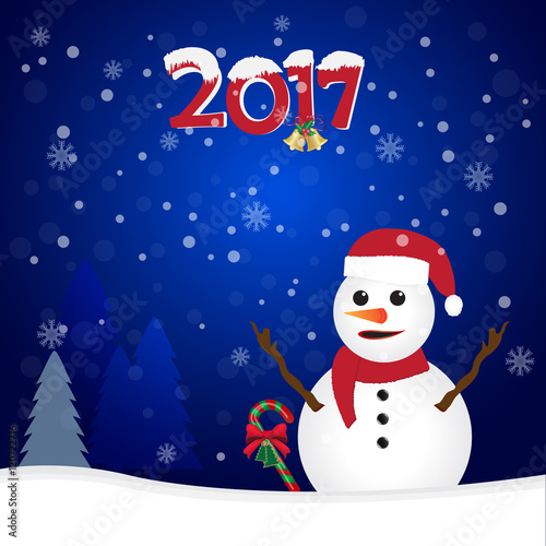 2017 and snowman on blue background