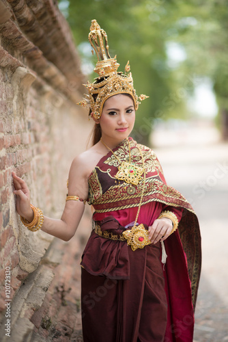 Beautiful portrait asian woman wears thai dress