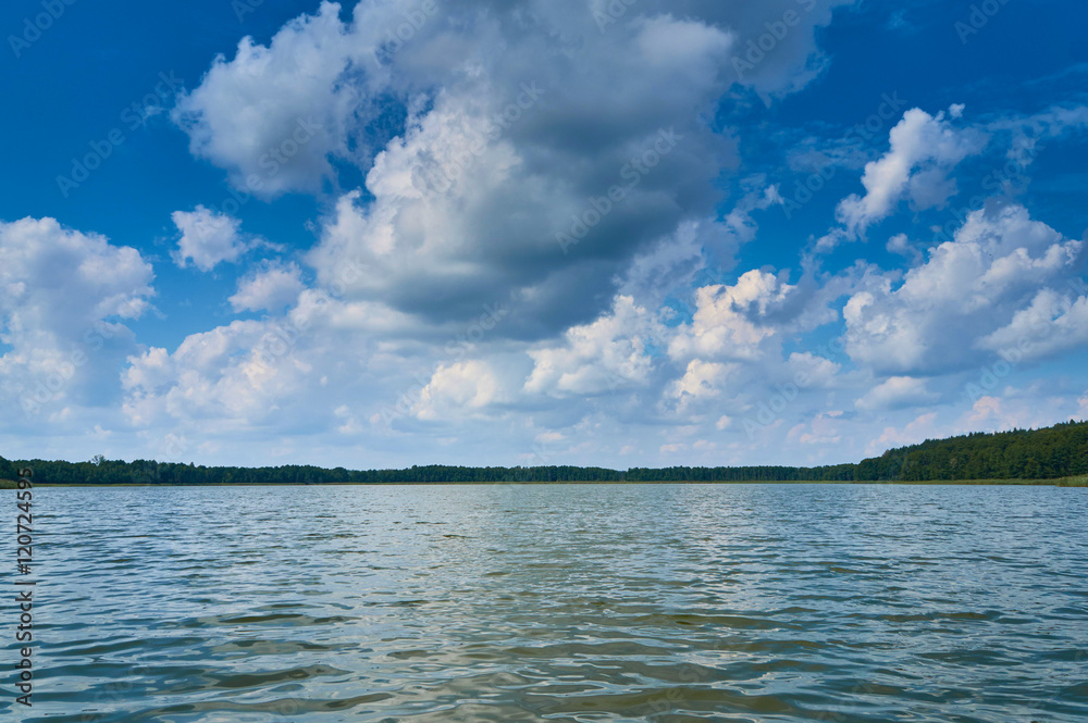 Beautiful panoramic view of the Lemiet lake in Mazury district, Poland. Fantastic travel destination.