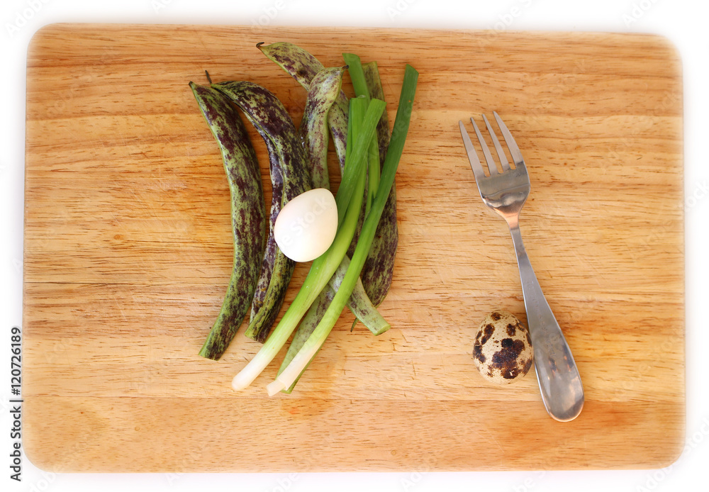 Green beans and quail egg flat lay